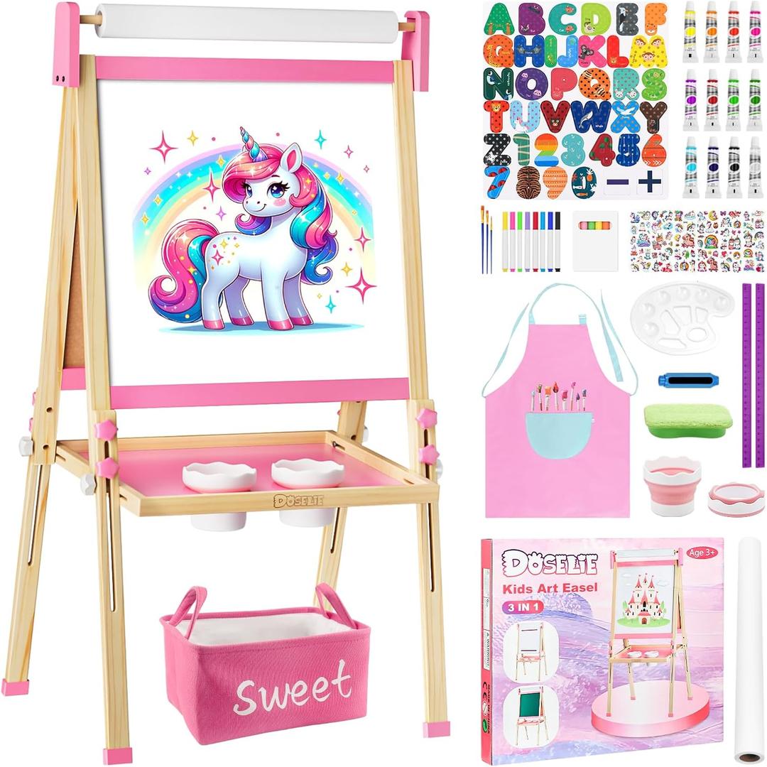 Easel for Kids Toys,Adjustable Wooden Toddler Art Easels, Girls Toys for Ages 5-7,8-13,Magnetic Dry Eraser White Board and Chalk Board with Art Supplies,Kid Easel 4 5 6 7 8 9 10 Year Old Girl Gifts (Pink)