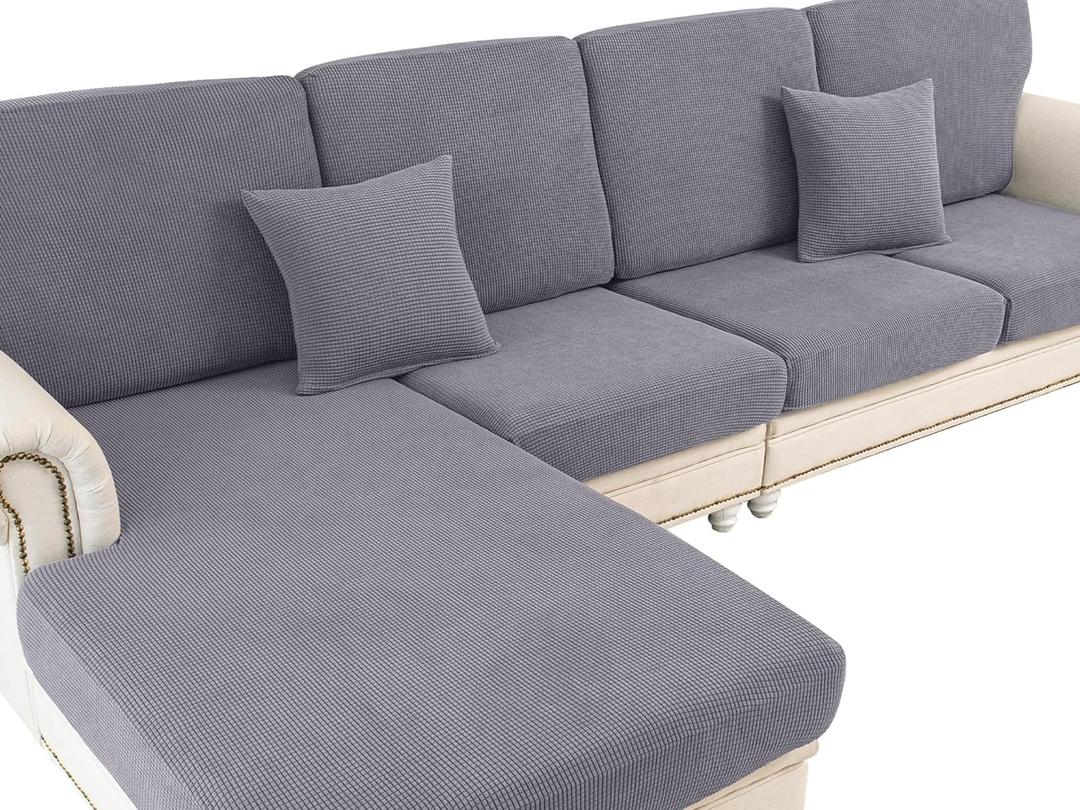 LA MEACK Couch Cushion Covers for Sectional Sofa L Shape Washable Separate Seat Chaise Couch Cover Stretch Sofa Slipcovers with 2 Pcs Pillowcases(3 Seater + 1 Chaise, Light Grey)