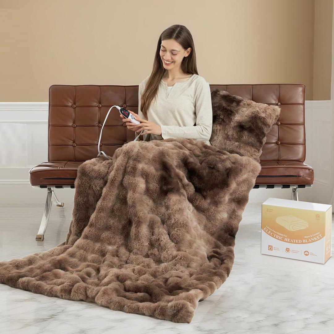 Faux Fur Heated Blanket Throw for Couch - 50"X60" Bubble Faux Fur Electric Blanket Fluffy Fuzzy Soft Thick with 6 Fast Heating Levels & 4 hrs Timer Settings, Washable & ETL Certified, Tie-Dye Brown