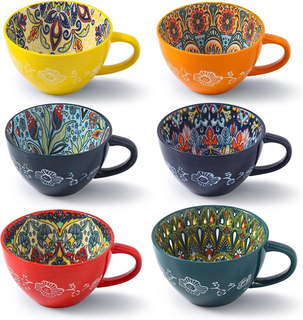 Coffee Mug Set of 6, 15 oz Boho Coffee Mug Ceramic with Handle, Porcelain Tea Cups Set, 6 Pcs Coffee Cups for Cappuccino and Latte, Microwave & Dishwasher Safe, Ideal Gift for Family/Friend