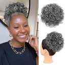 Curly Grey Hair Buns Messy Bun Hair Piece Clip in Synthetic Hair Pieces for Women Salt and Pepper Bun Hair Extensions Large Curly Drawstring Ponytail Clip on Bun Ponytails for Women (T1B/GREY#)