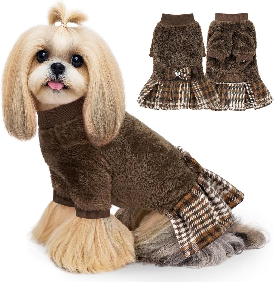 WOYYHO Adorable Winter Dog Sweater Dress with Plaid Skirt & Bowtie, Warm Fleece Outfit for Small Dog Girls Chihuahua, Yorkie Dachshund Puppy, Crew Neck, Long Sleeve, Brown, Size M 