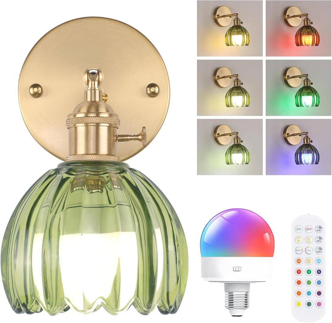 Vintage Battery Operated Wall Sconce with Cute Green Tulip Glass Lampshade Wireless Rechargeable Battery Powered Wall Light with Remote Control for Bedside Bedroom Doorway