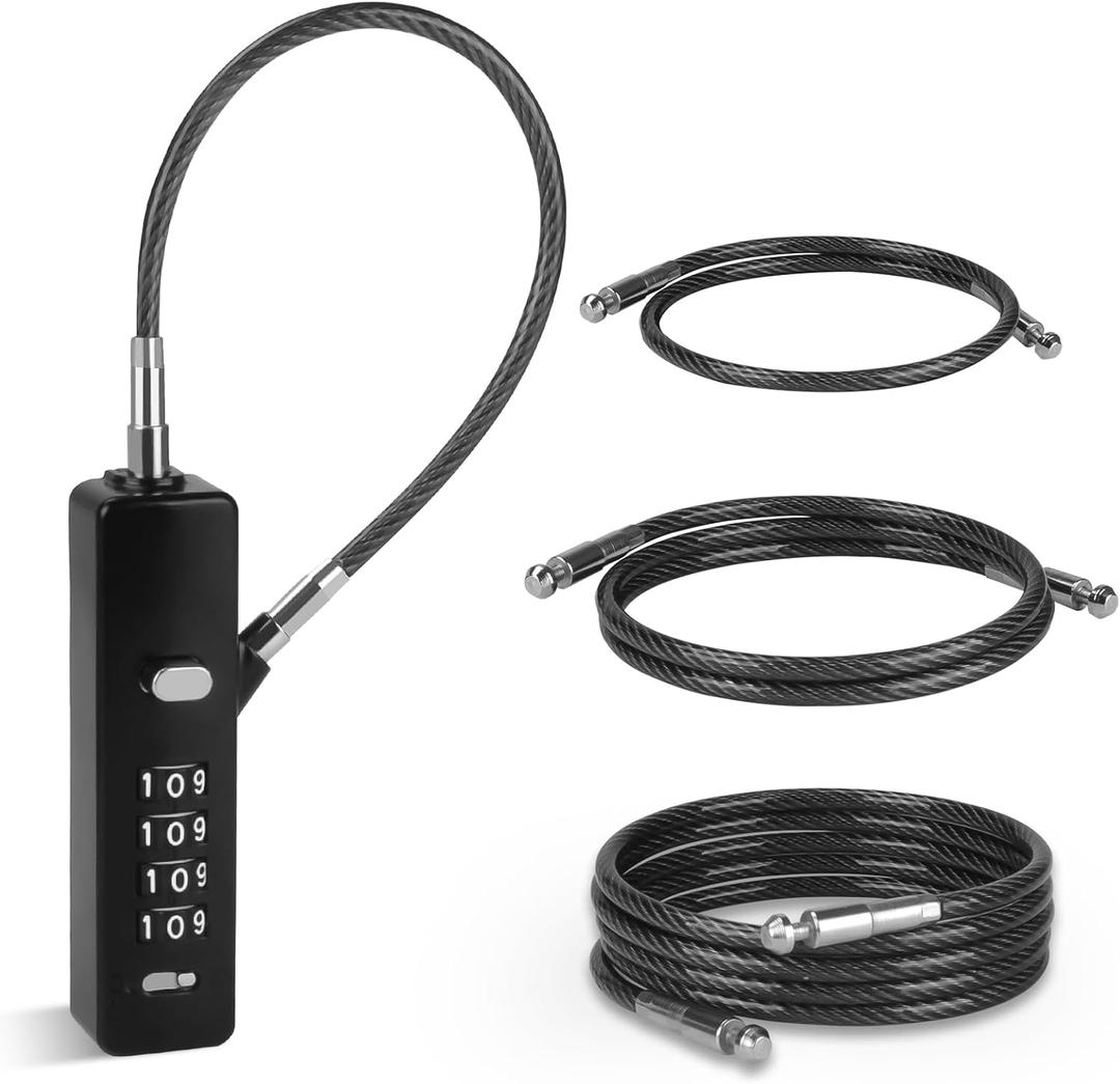 Versatile Cable Lock  4-Digit Combination Lock with 3 Interchangeable Steel Braided Ropes (9 / 23.6 / 47.2)  Ideal for Bikes, Scooters, Snowboards, Cabinets, and Gates (Black)