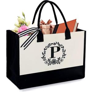BeeGreen Embroidery Monogram Initial Tote Bag for Women Teacher Mom Friend Personalized Gift for Birthday Beach Wedding Work (Natural With Black)