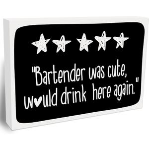 Bartender Was Cute Would Drink Here Again Wooden Block Sign-4"x6" Gray Block Plaque Tabletop Decor-Rustic Wood Sign Gifts For Friends Bartender-Kitchen Bar Desk Decor Favors & Supplies-A10