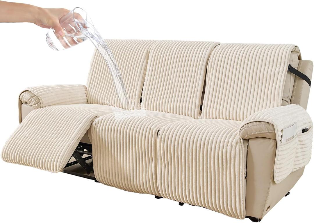 HAOMAIJIA Waterproof Recliner Couch Cover Non-Slip Reclining Couch Covers Faux Fur Soft Thick Washable Recliner Sofa Covers 3 Seater Furniture Protector with Elastic for Dogs pet (Off White 3 Seater)
