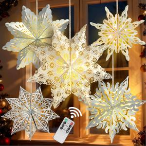 5 Pcs Christmas Paper Snowflake Lanterns, Large 3D Christmas Paper Star Lanterns with LED Lights, White Silver Hanging Snowflake Lamps for Xmas Winter Frozen Weddings Holiday Party Decorations