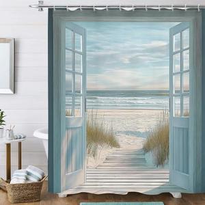 Hjokiupt Blue Beach Barn Door Shower Curtain, Rustic Country Ocean Coastal Seaside Scenery Decor Bath Curtains, Retro Teal Wood Waterproof Bathroom Accessories Set, 72 x 72 inch with Hooks