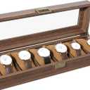 Uten Watch Box 6 Slots, Watch Case Organizer with Real Glass Lid, Wood Grain PU Leather Watch Display Storage Box with Removable Imitation Suede Watch Pillows, Metal Clasp