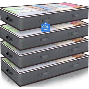 Budding Joy 90L Under Bed Storage Containers, Closet Organizers and Storage Bins, Foldable Underbed Storage Bags for Linen Sheets, Blanket, Clothing, Comforter, Sweaters, Pillows, Wrapping Paper, Grey (4 Pack)