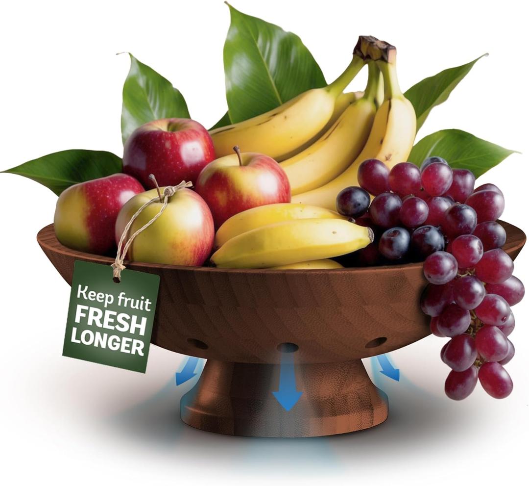 Bambsi Fruit Bowl - 11" Large Brown Wooden Pedestal Bowl for Kitchen Counter & Dining Table Centerpiece, Premium Bamboo Wood Fruit Basket & Banana Holder for Fresh Produce, Bread & Home Decor