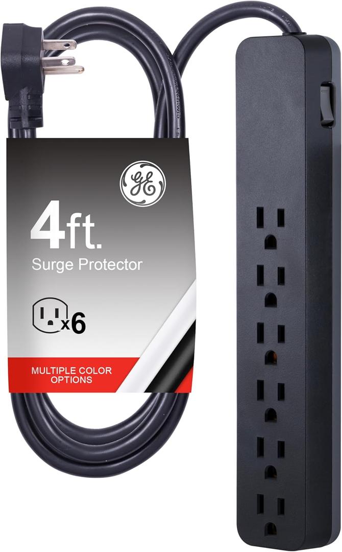 GE Pro 6-Outlet Surge Protector, 4 Ft Extension Cord, 840 Joules, Power Strip, Flat Plug, Integrated Circuit Breaker, Wall Mount, UL Listed, Black, 37051