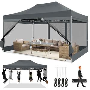 COBIZI 10x15 Heavy Duty Pop Up Canopy with 4 Sidewalls, Easy Set Up Outdoor Commercial Canopy with Mosquito Netting Waterproof Instant Screen Tent for Backyard, Patio, Garden, Gray