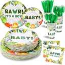 FillTouch 350 Pcs Dinosaur Baby Shower Party Favor Rawr Its a Boy Disposable Tableware Napkins Cups Knives Forks Spoons for 50 Guests Dino Birthday Party Decoration