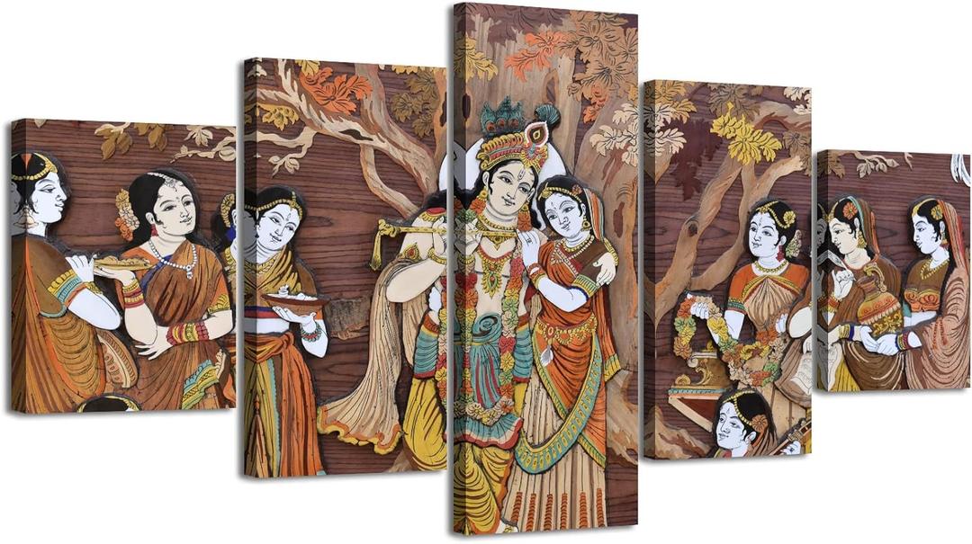 Radha Krishna Wall Decor for Living Room Watercolor Indian God Canvas Print 5 Piece Vintage Artwork Framed 60" Wx32 H