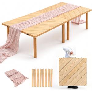 Folding Picnic Table for Indoor Outdoor, Portable Boho Low Picnic Table with Table Runner, 60" x 30" Wooden Table for Camping, Wedding, Beach, Garden, Party, Seats 6-8 People