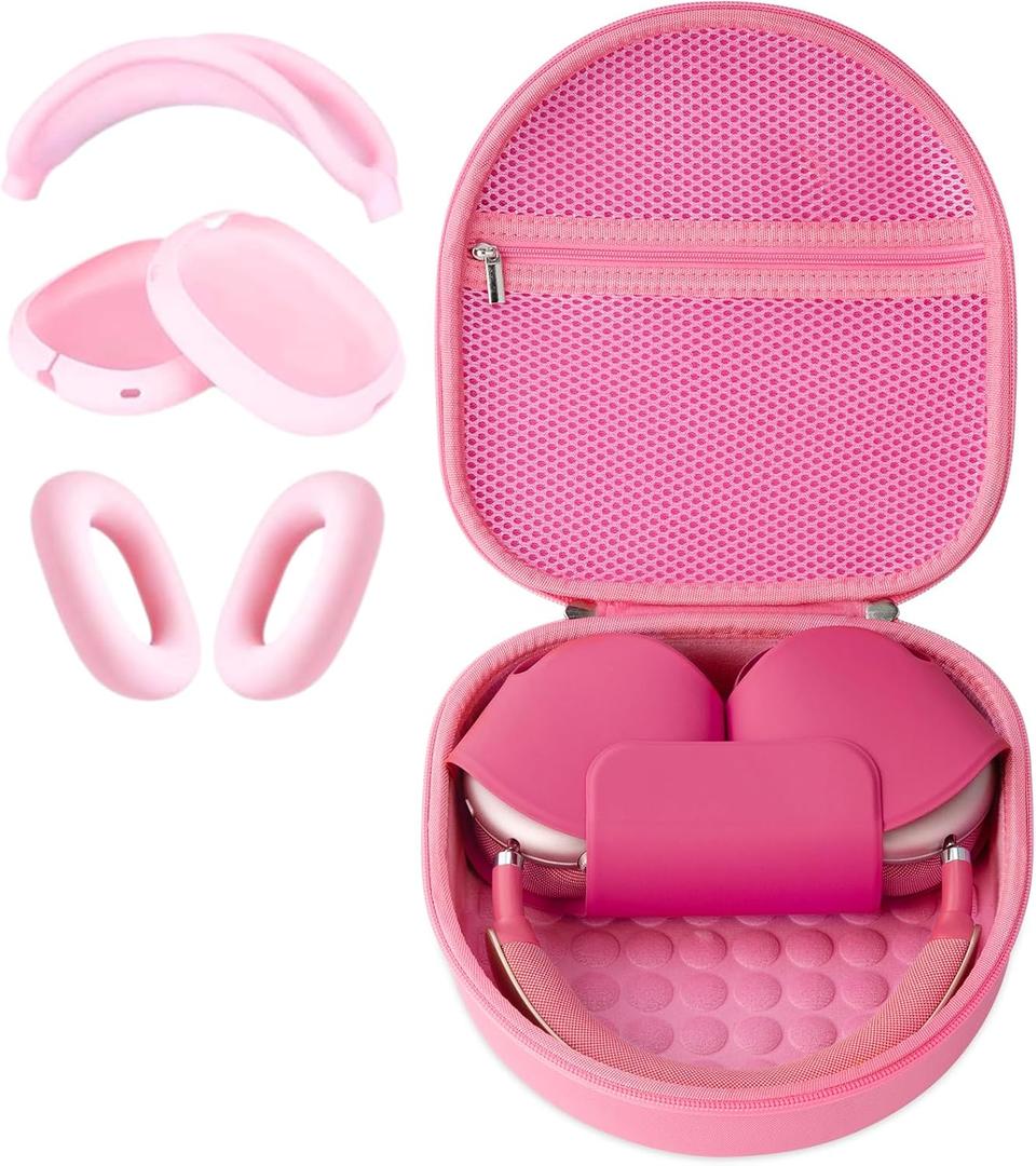Case for Apple Airpods Max 2/ Airpods Max Headphones, Travel Portable Headphone Hard Case Cover Bag, Mesh Pouch with Zipper for Charger and Accessories (Pink case & Cover)
