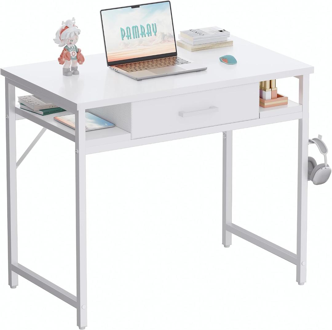 Pamray 32 Inch Small Computer Desk with Drawer and Shelves Simple Study Work Table for Bedroom White