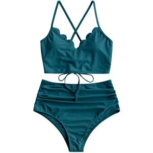 ZAFUL Women's Ruched High Waisted Tankini Swimsuit Criss Cross Bikini Set Tummy Control Bathing Suit (Deep Green, Large)