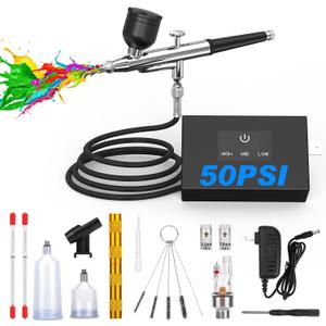 TURNRISE Airbrush Kit with Air Compressor: 50 PSI High Pressure Air Brush Kit with 0.2/0.3/0.5mm Nozzle & Cleaning Set for Painting, Modeling, Cake Decorating, Makeup, Nails, Crafts