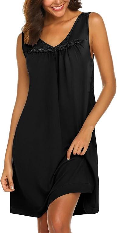 Ekouaer Cotton Nightgowns for Women Sleeveless Night Gown Tank Sleepshirt Wide Strap V Neck Nightshirt Black S
