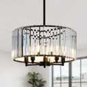 KELUOLY Farmhouse Drum Crystal Chandeliers, 5-Light Black Modern Round Ceiling Hanging Light Fixture, 17.7" Farmhouse Pendant Lighting for Bedroom Dining Room Kitchen Island Living Room Entryway Bar