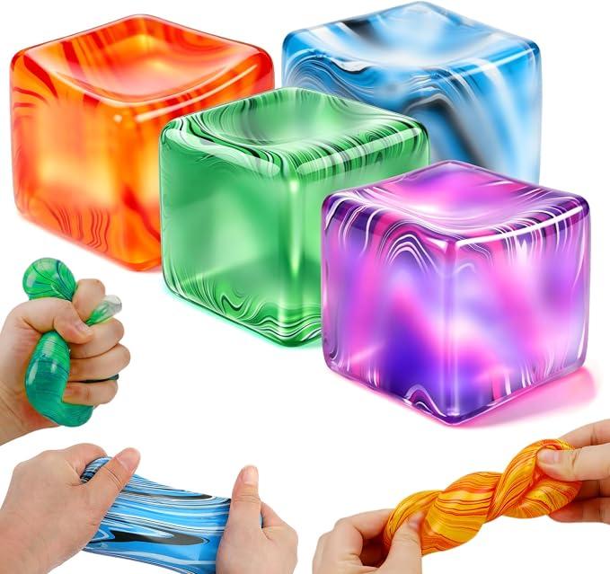 Gemscream 4 Pack Ice Cube Stress Relief Balls Soft Squeeze Fidget,4 Color | Sensory Fidget Toys for Anxiety Relief, Maltose Flow Gummy Texture Pattern, Party Favors Prizes Bulk Supplies for Adults, 1.41 inches