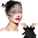 Geyoga 50s Fascinator Hat for Women Funeral Veil Hat Pillbox Cocktail Tea Party Headpiece and Lace Glove (Black)