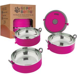 Healthy Human Travel Pet Bento Bowls - Leak Proof, Human-Grade Stainless Steel & BPA-Free, 3-Pack Water & Food Container Set, Clips & Handle (Pink)