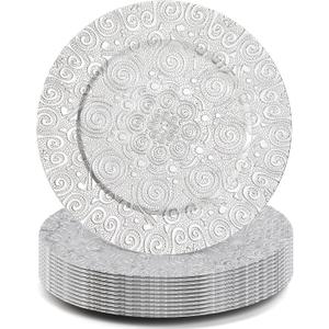 SOUJOY 12 Pack Charger Plates, 13 Inch Silver Plastic Charger Plate, Round Phoenix Pattern Elegant Serve Ware Plates for Weddings, Parties, Anniversary, Thanksgiving