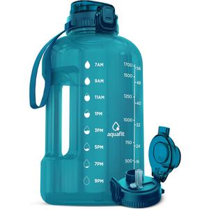 AQUAFIT 64 oz Water Bottle with Time Marker, Half Gallon Gym Bottle with Straw, Handle & 2-in-1 Lid