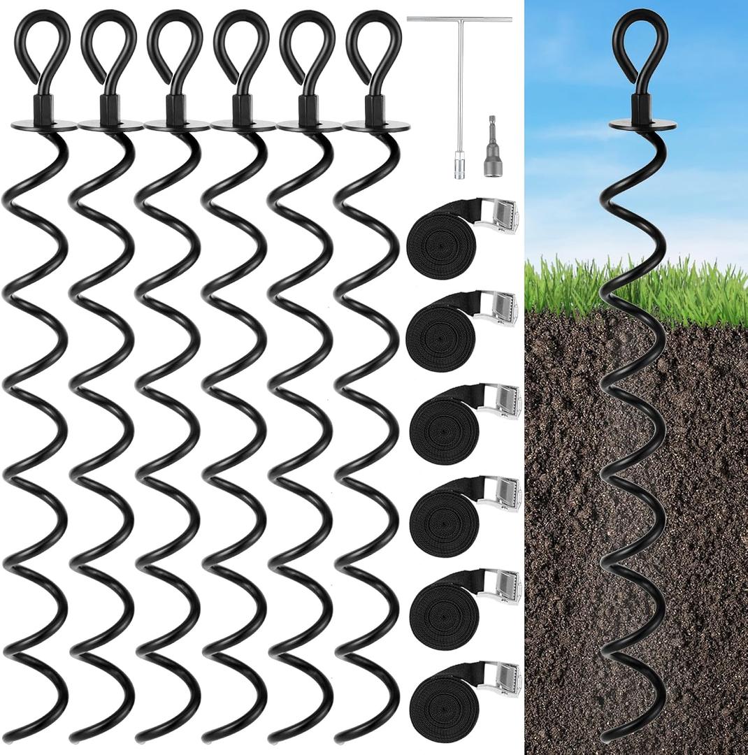 22.4 Inch Ground Anchor Screw in,6 Pack Trampoline Stakes Anchor Kit,Heavy Duty Spiral Windproof Tie Down Kit with T-Hook&Reinforced Safety Straps for Trampolines, Sheds, Playsets&Tents,Black