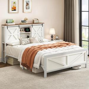 DWVO Farmhouse Queen Size Bed Frame w/Storage Bookcase Headboard, Sliding Barn Door, Charging Station, Rustic Wood Platform Bed w/Wood Slats Support, No Box Spring Needed,White