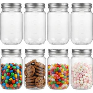novelinks 16 oz Plastic Mason Jars with Lids, Refillable Clear Plastic Jars with Lids 16oz & Reusable Empty Storage Containers with Lids (Sliver,8 Pack)