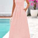 PRETTYGARDEN Women's 2026 Summer Spaghetti Strap Maxi Dresses Plaid Square Neck A Line Casual Beach Vacation Long Sundress (Pink, S)