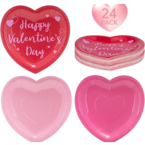 Pack of 2 24 Pcs Happy Valentine's Day Plates - Red Pink Heart Shaped Paper Plates, Disposable Love Heart Dinner Dessert Plate Tableware for Valentines Day Anniversary Wedding Party Supplies, 7.5 x 7.5 Inch