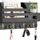 Key Holder Wall Mount, Wooden Adhesive Mail and Key Organizer with Drawer, Small Shelf, 8 Hooks, 2 Installation Methods, Black