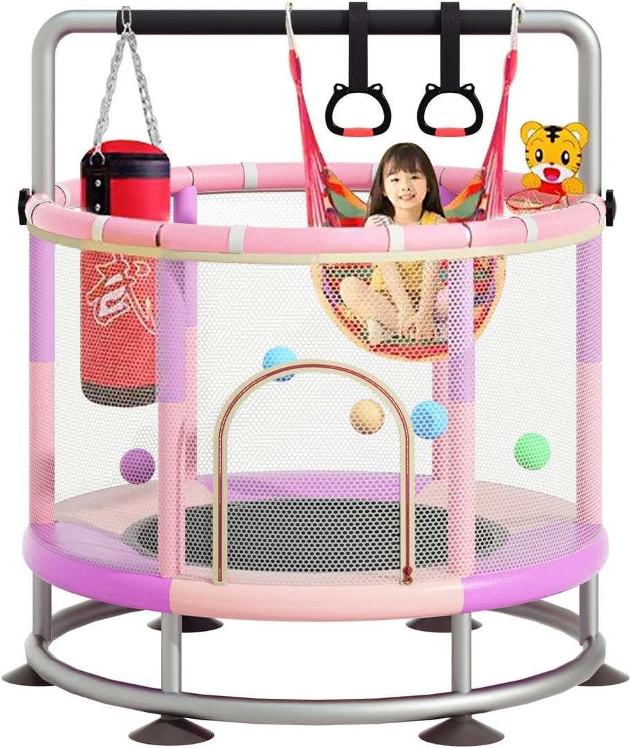 60" Trampoline for Kids, Anti-Rollover Round Bottom Baby Toddler Trampoline with Basketball Hoop, Indoor/Outdoor Kid Trampoline with Enclosure Net
