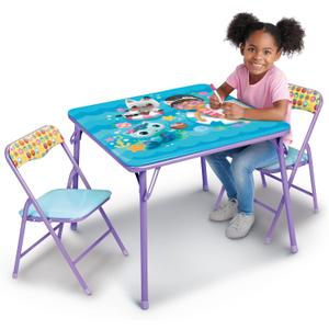 Gabby's Doll House Girls Folding Table & Chairs Set for Kids and Toddlers 36 Months Up To 7 years, Includes: 1 Table (36"L x 24"W x 20"H), 2 Chairs (13"L x 13.5"W x 21"H) Weight Limit: 70 lb