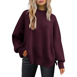 LILLUSORY Women's Oversized Batwing Sweaters 2026 Fall Outfits Trendy Crewneck Knit Side Slit Fashion Pullover Tops (Medium, Wine Red)