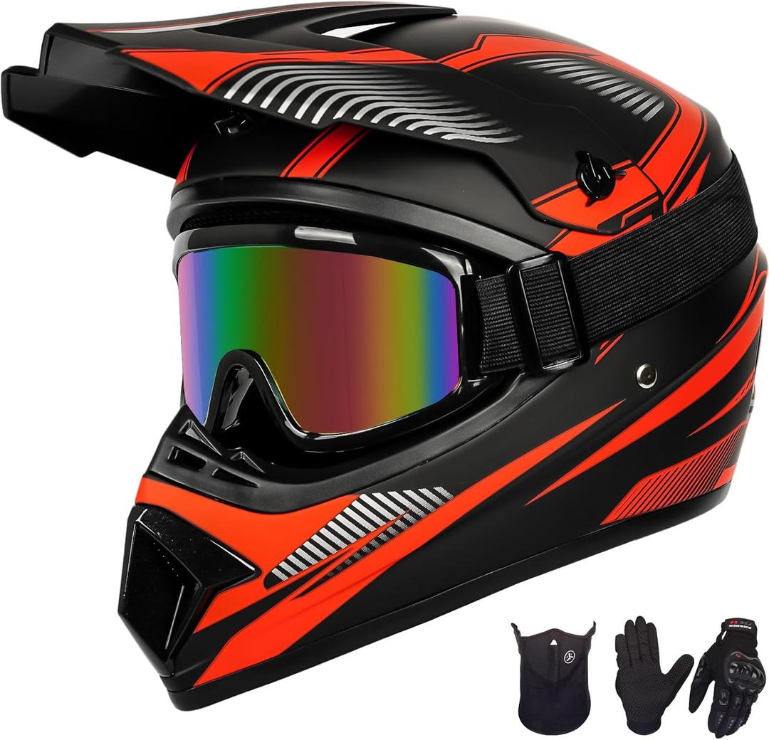 Youth Dirt Bike Helmet Set Includes Gloves, Goggles, Mask, Ideal Helmet for Kids 8-14, Premium Safety Gear for Dirt Bike Helmets Enthusiasts - DOT Approved (Red,M) (Medium, Red2)