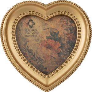Concepts 4x4 Gold Double Beaded Resin Heart Shaped Picture Frame With HD Clear Glass, Extra Durable Photo Frames -Tabletop Display