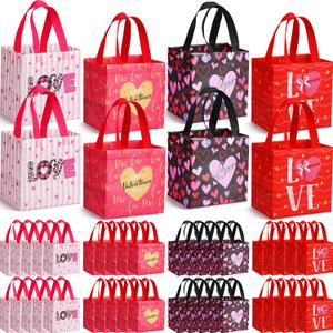 Clysee 100 Pcs Valentine's Day Reusable Gift Bags with Handles Treat Non Woven Love Tote Bulk Valentines Goodie Bags for Valentine Wedding for Gift Exchange Party Favor