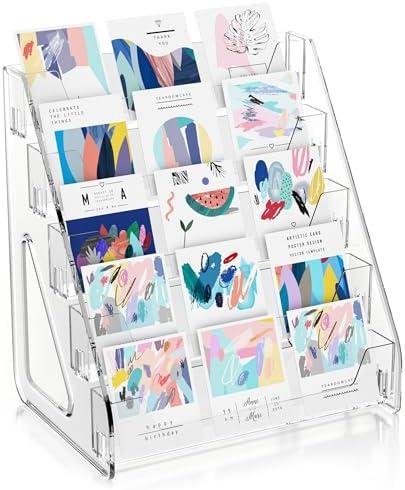 FileCntr 5 Tier Acrylic Card Display Stand, Clear Display for Greeting Cards, Sports Cards, Postcards, Stickers & Brochures