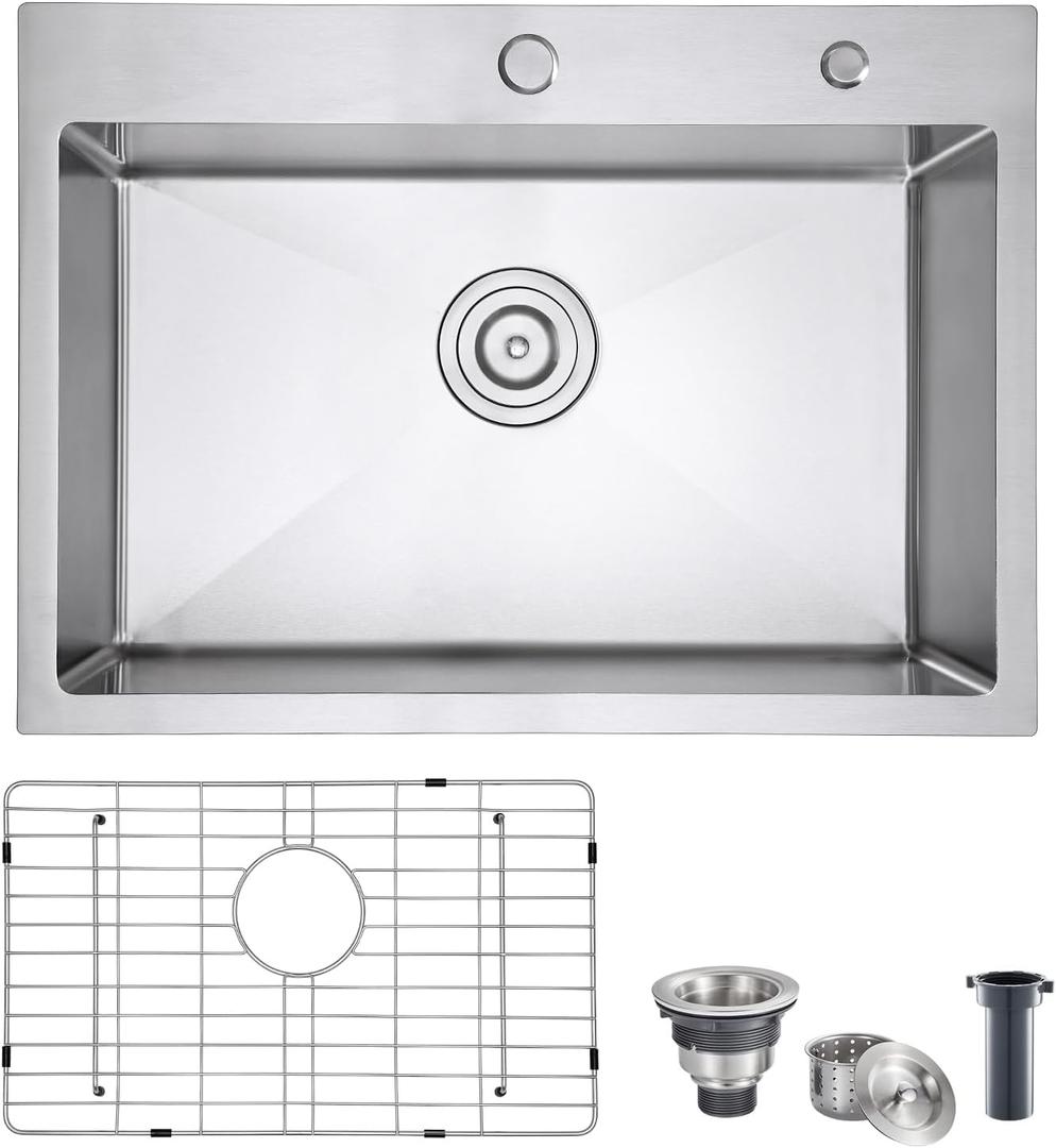 POPFLY 2718 inch Drop in Kitchen Sink, 18 Gauge Stainless Steel Single Bowl Large Sink, Top mount 9 Inch Deep Kitchen Sinks with 2 Holes, Brushed POPFLY 2718 inch Drop in Kitchen Sink, 18 Gauge Stainless Steel Single Bowl Large Sink, Top mount 9 Inch Deep Kitchen Sinks with 2 Holes, Brushed