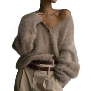 COZYPOIN Womens Fuzzy Mohair Cardigan Open Front Button Down V Neck Long Sleeve Sweater Slouchy Drop Shoulder Knit Coat (M, Khaki)