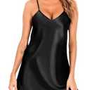 Vlazom Women Sexy Lingerie Satin Nightgown Spaghetti Strap Short Negligee Nightdress Chemise Slip with Deep V Neck Black Size XXL