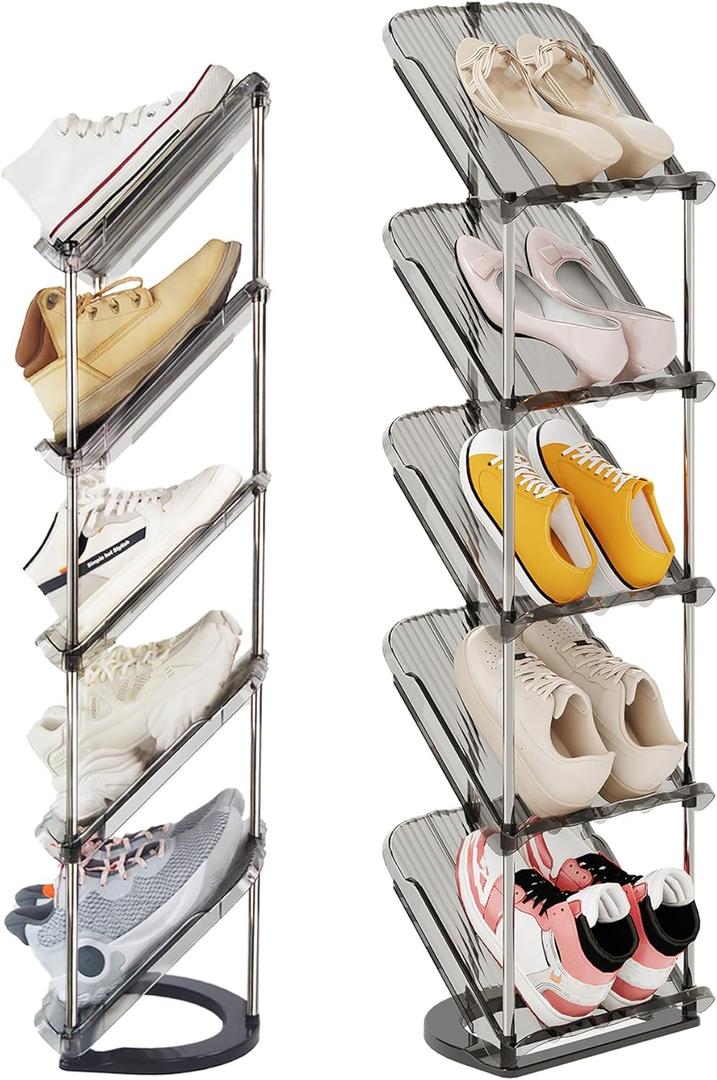 Patinao 2 Pack Sloping Narrow Shoe Rack 5 Tiers - Free Standing Vertical Shoes Racks for Small Spaces and Corner, Shoe Storage Organizer for Entryway, Tall Slim Shoe Shelf Cabinet for Shoes and Boots (Clear)