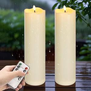 2pack 4"*14" Large Outdoors Flameless Candles Battery Operated with Remote & Timer, Waterproof Plastic LED Flickering Pillar Candles for Home Decoration, Weddings, Ivory